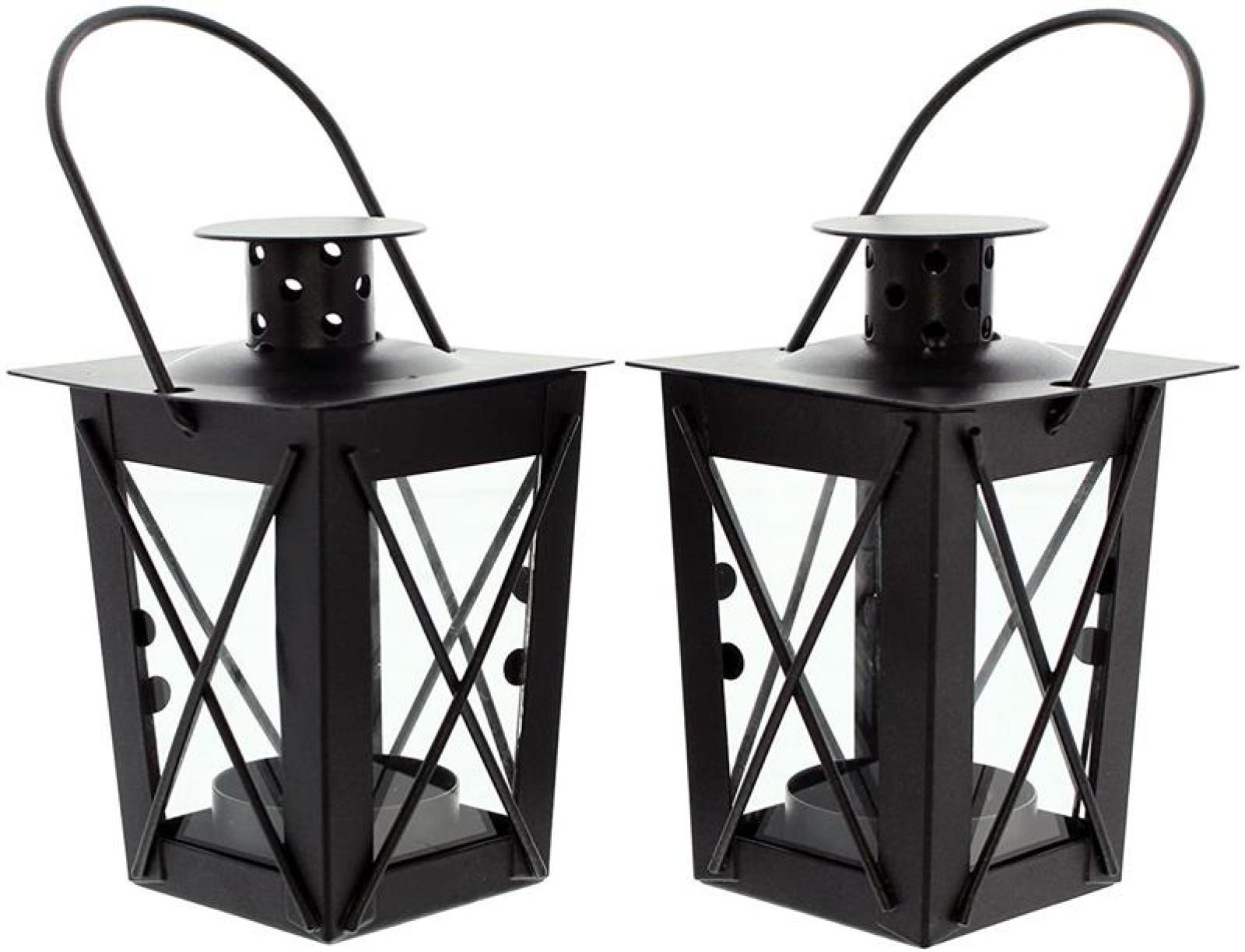 2x Mini Laterne aus Metall + Glas, schwarz, Teelichthalter, Hängelaterne, Metalllaterne, Gartenlaterne, Windlicht, Gartendeko für Draußen wetterfest