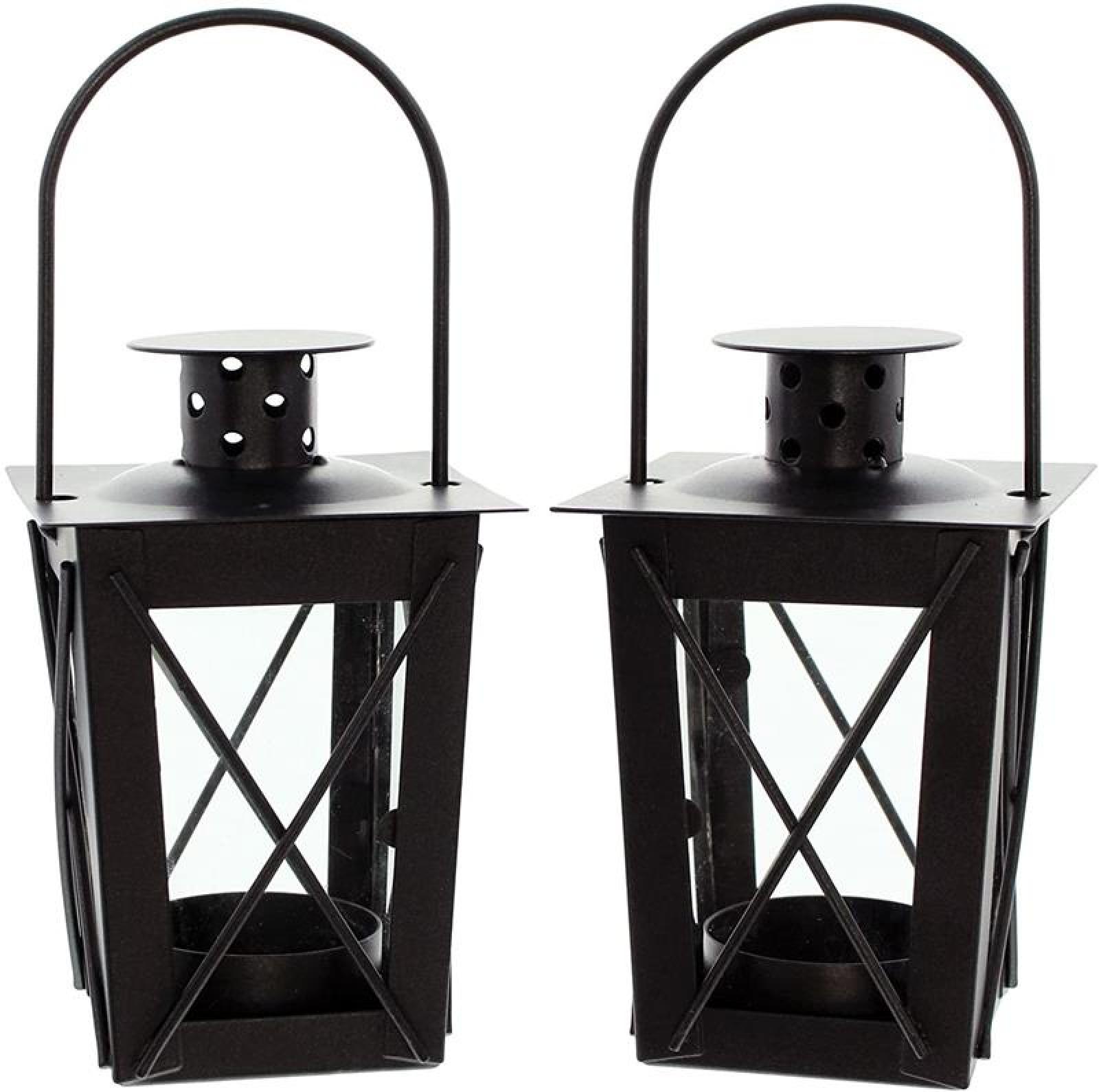 2x Mini Laterne aus Metall + Glas, schwarz, Teelichthalter, Hängelaterne, Metalllaterne, Gartenlaterne, Windlicht, Gartendeko für Draußen wetterfest