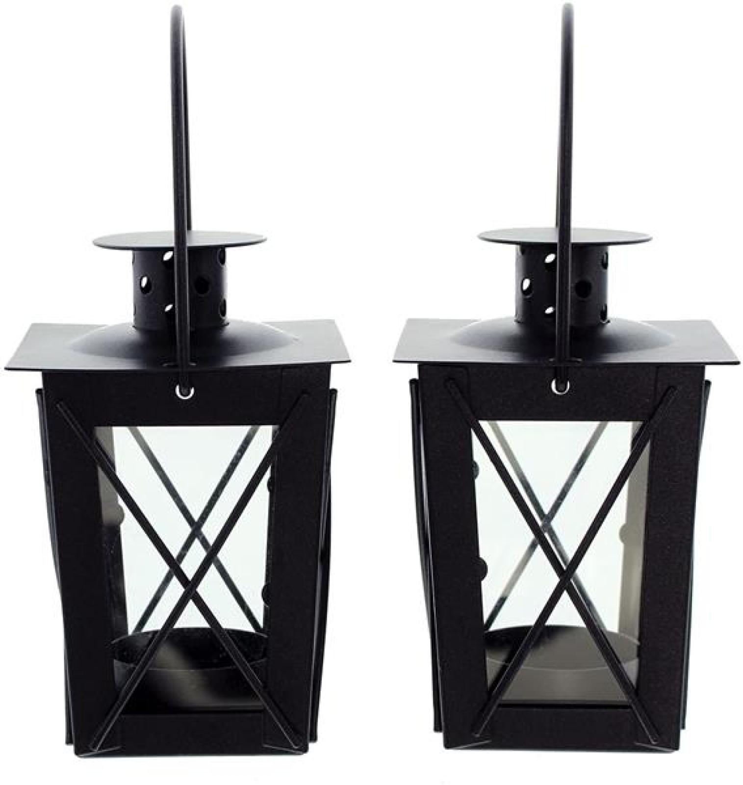 2x Mini Laterne aus Metall + Glas, schwarz, Teelichthalter, Hängelaterne, Metalllaterne, Gartenlaterne, Windlicht, Gartendeko für Draußen wetterfest