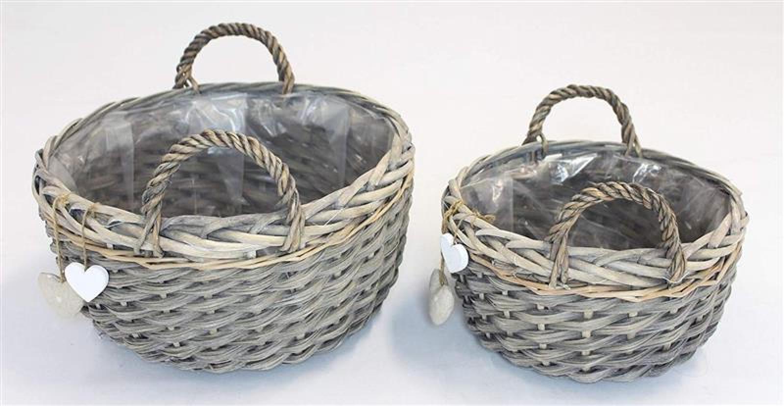 2x Pflanzkorb "Herzen" aus Weide & Holz, grau, Blumenkorb, Pflanzschale, Weidenkorb mit Herz Anhänger, Flechtkorb