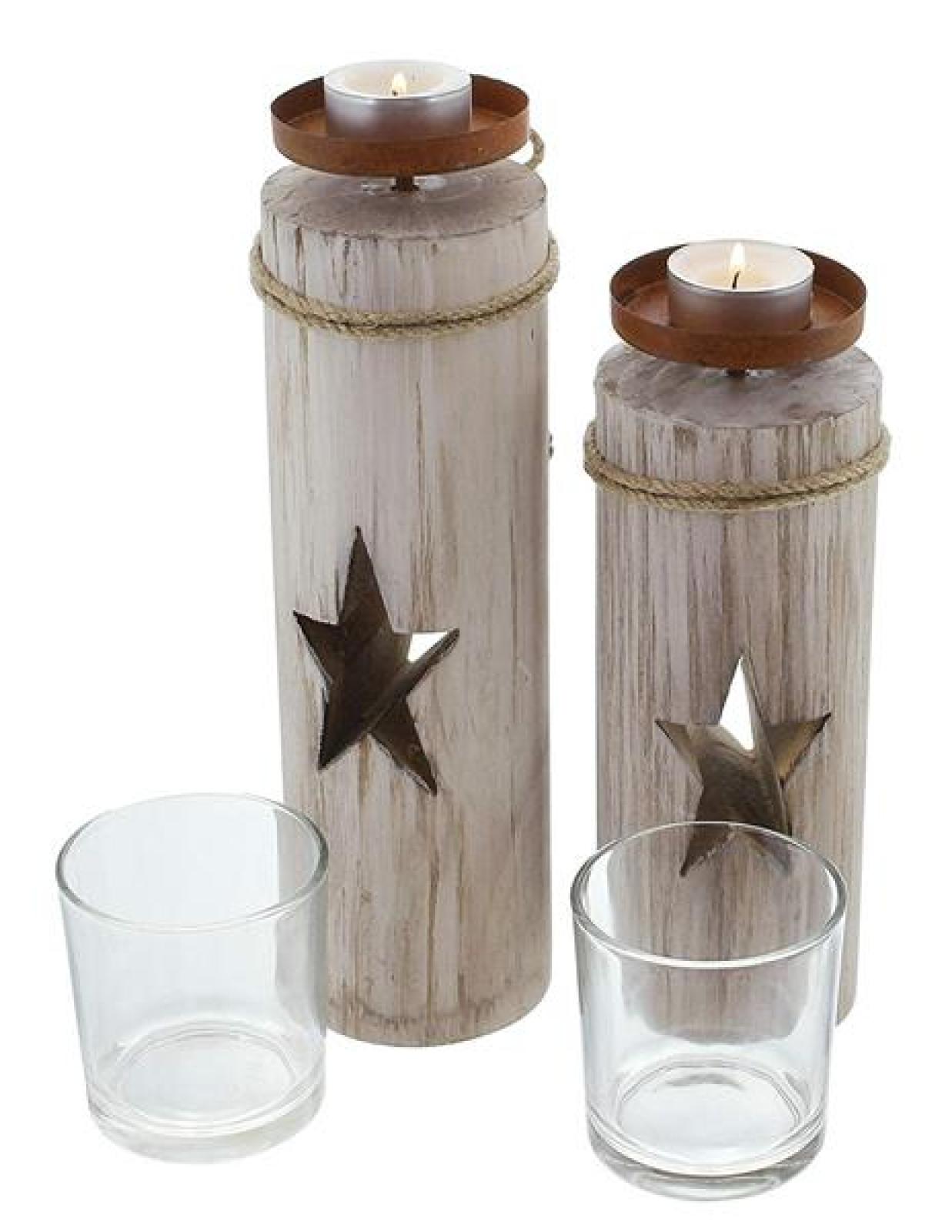 2x Windlichtsäule "Stern" aus Holz & Glas, 30 + 35 cm hoch, im Shabby Look, Windlicht, Teelichthalter Weihnachten, Holzsäule mit Kerzenglas, Weihnachtssdeko