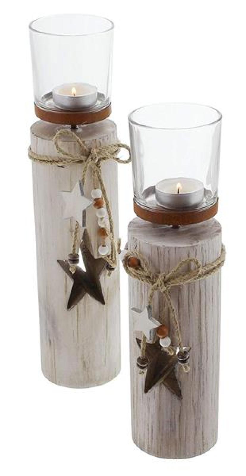 2x Windlichtsäule "Stern" aus Holz & Glas, 30 + 35 cm hoch, im Shabby Look, Windlicht, Teelichthalter Weihnachten, Holzsäule mit Kerzenglas, Weihnachtssdeko