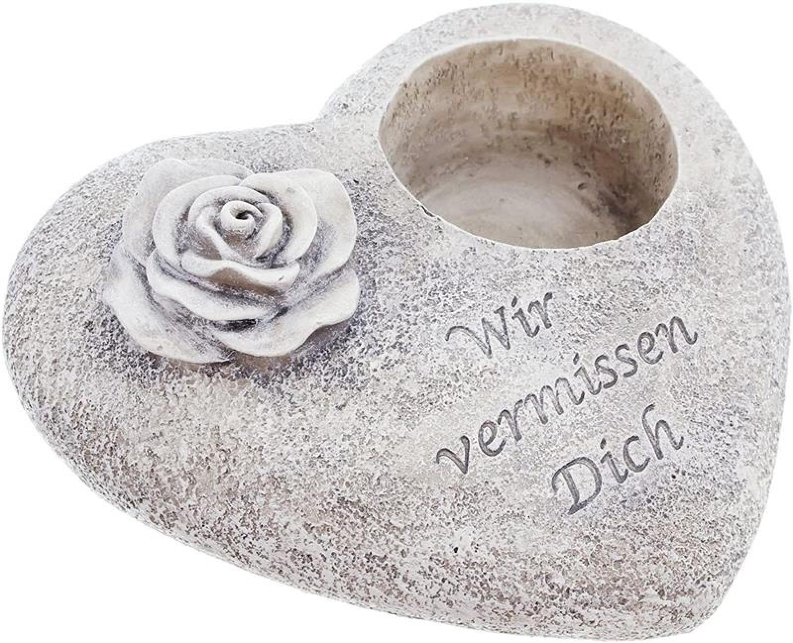 Grabschmuck in Herzform mit Schriftzug "Wir vermissen dich" mit Rose und Grablicht-Halter, wetterfest