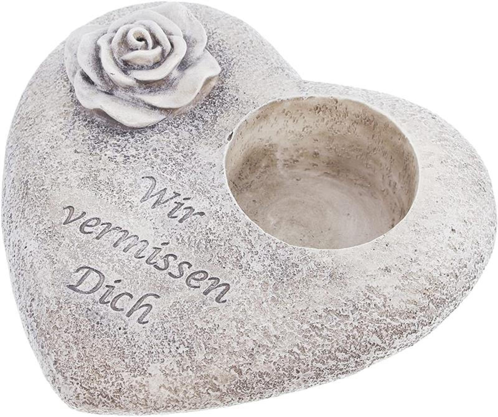 Grabschmuck in Herzform mit Schriftzug "Wir vermissen dich" mit Rose und Grablicht-Halter, wetterfest
