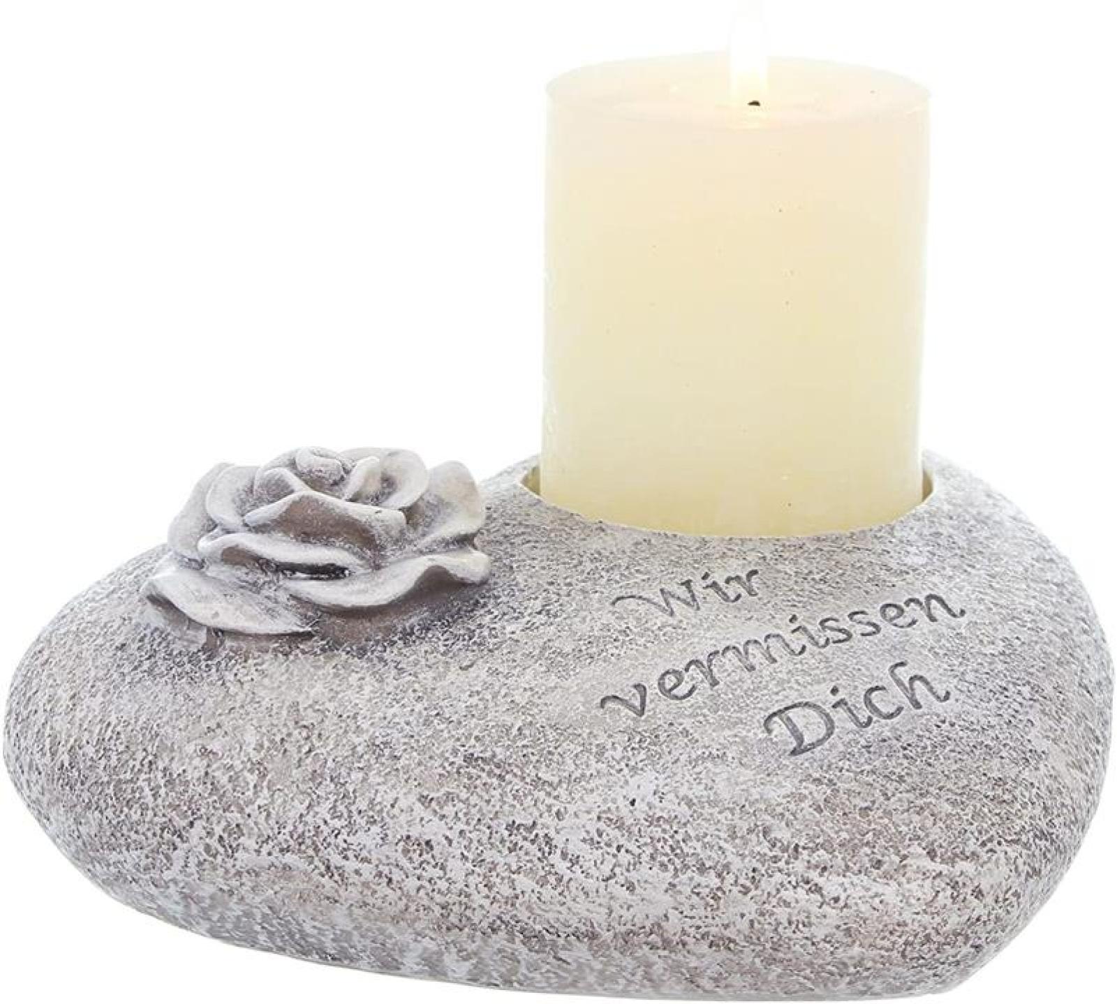 Grabschmuck in Herzform mit Schriftzug "Wir vermissen dich" mit Rose und Grablicht-Halter, wetterfest