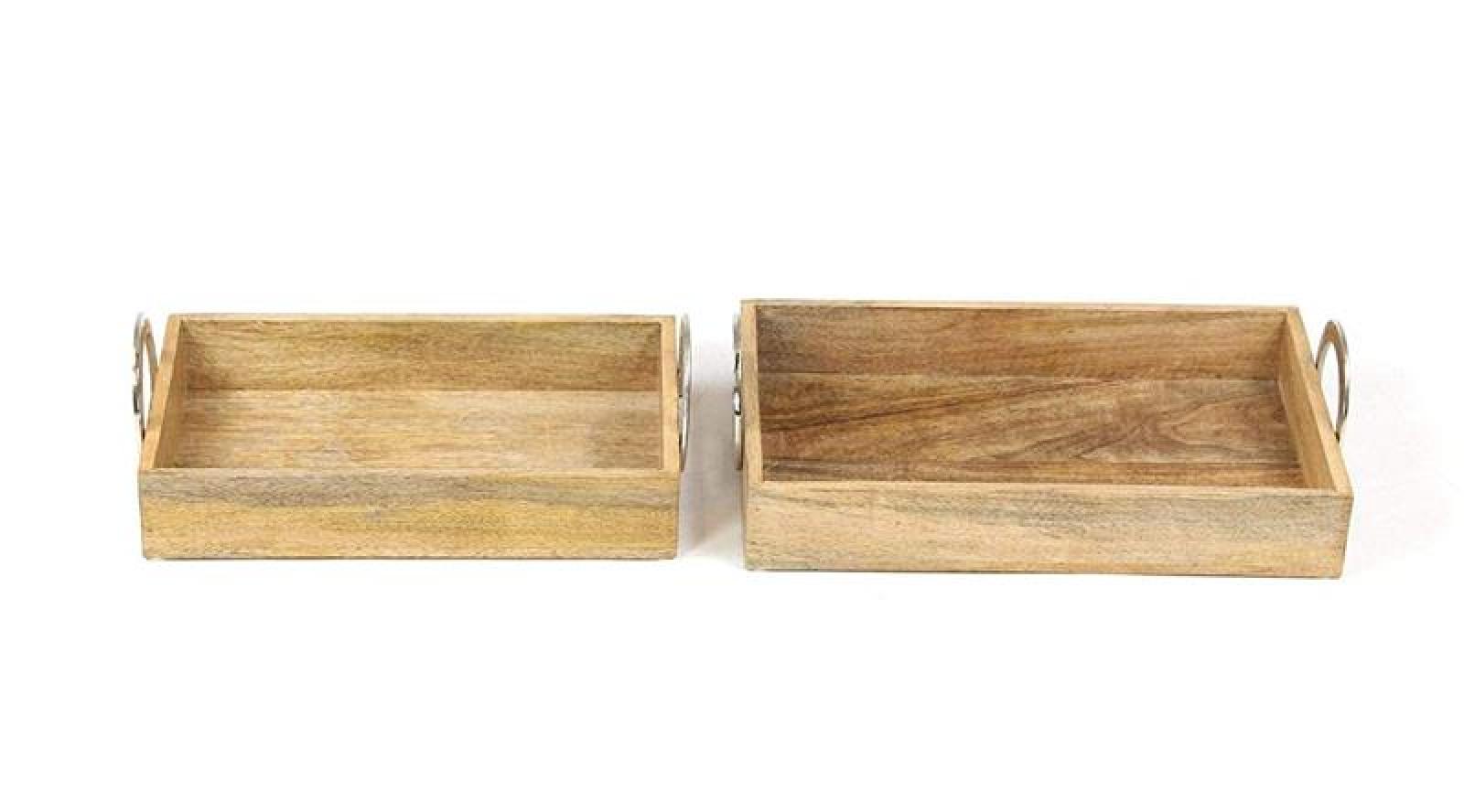 2x Serviertablett aus Mango Holz in Antik Optik, Dekotablett mit Griffen aus Aluminium, Holztablett