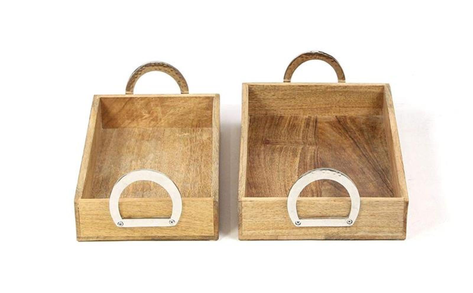 2x Serviertablett aus Mango Holz in Antik Optik, Dekotablett mit Griffen aus Aluminium, Holztablett