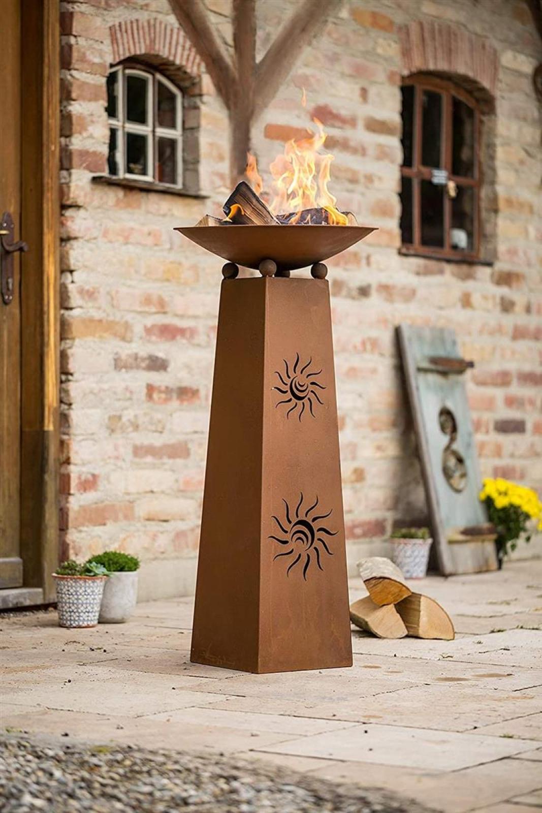 Deko-Säule "Sonne" + Feuerschale aus Metall in Rost-Optik, Feuerkorb