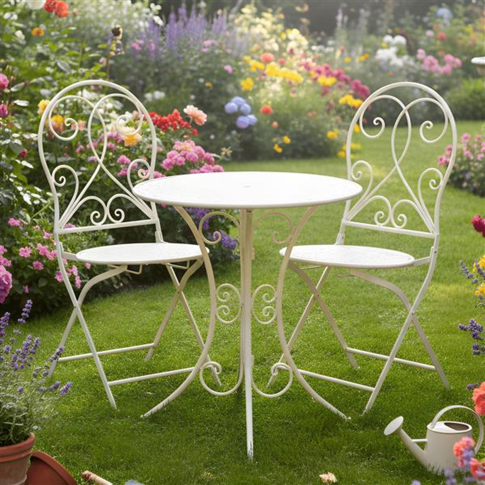 3 tlg. Bistroset “White Romance” aus Metall, weiß, Gartenmöbel Tisch + 2 Stühle