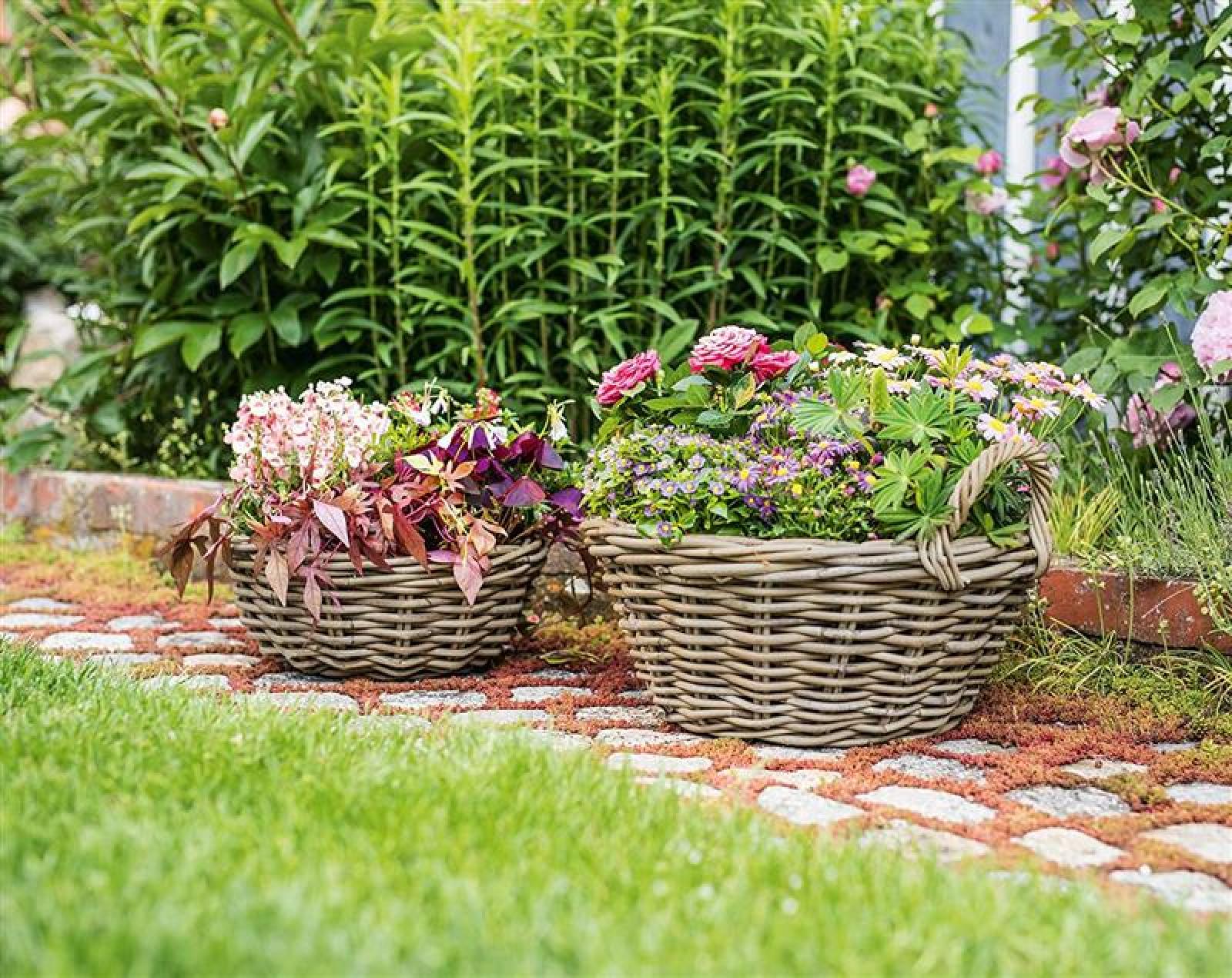Pflanzschale "Koboo Grey" Ø 43x18 cm groß, aus Rattan, rund, grau, Pflanzkorb, Blumentopf,  Pflanztopf für Draußen, Blumenkübel