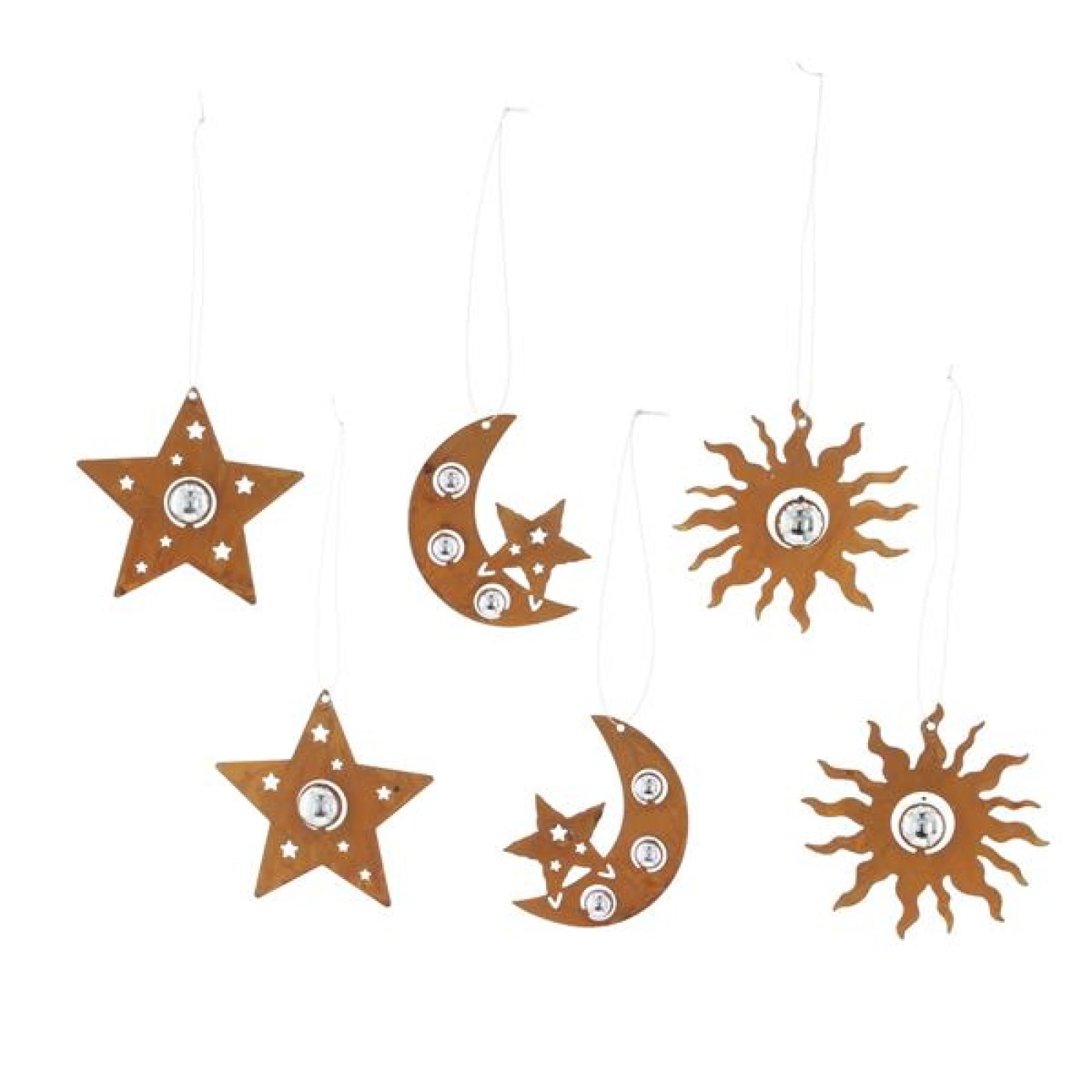 6 Dekohänger "Sonne, Mond & Sterne" aus Metall in Rost Optik, mit kleinen silbernen Kugeln, Hängedeko, Türdeko, Wanddenko, Fensterdeko