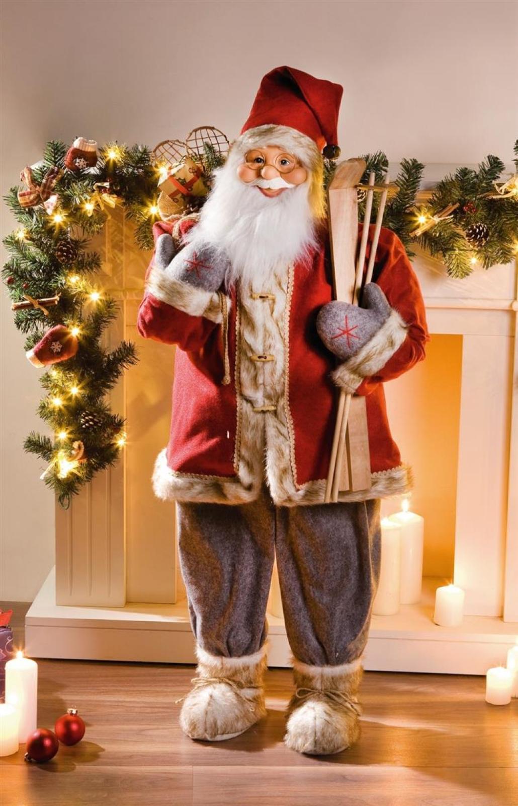 große Dekofigur "Nikolaus", 120 cm hoch, rot / grau, mit Geschenkesack, Weihnachtsmannfigur