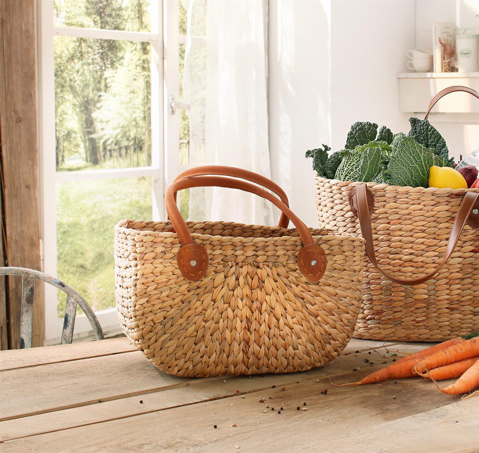 große Tasche aus Wasserhyazinthe mit Ledergriffen, Shopper