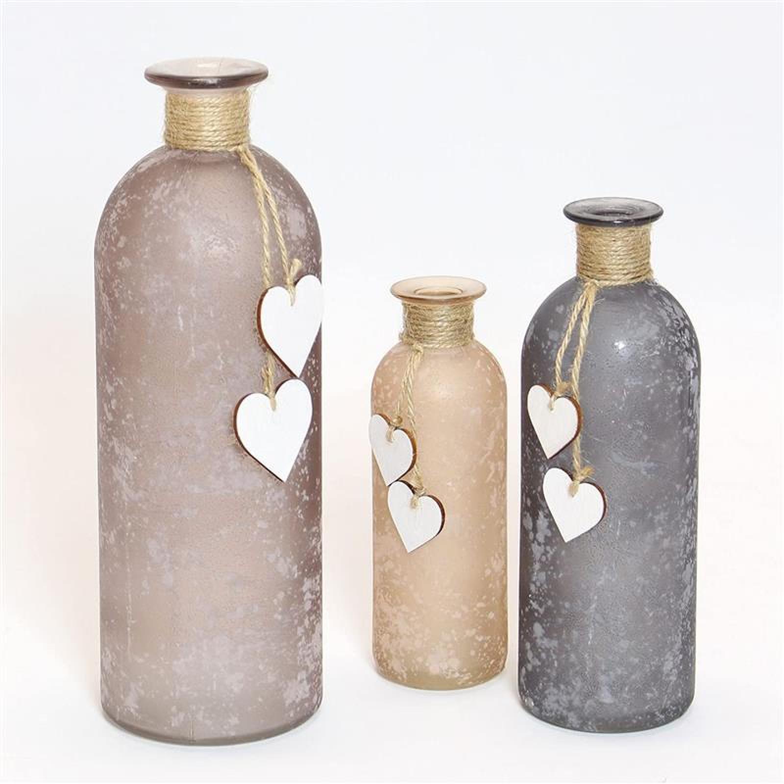 3x Vasen "Flasche" aus satiniertem Glas mit Herzen aus Holz, Blumenvase, Flaschenvase, Dekoflasche, Vasenset