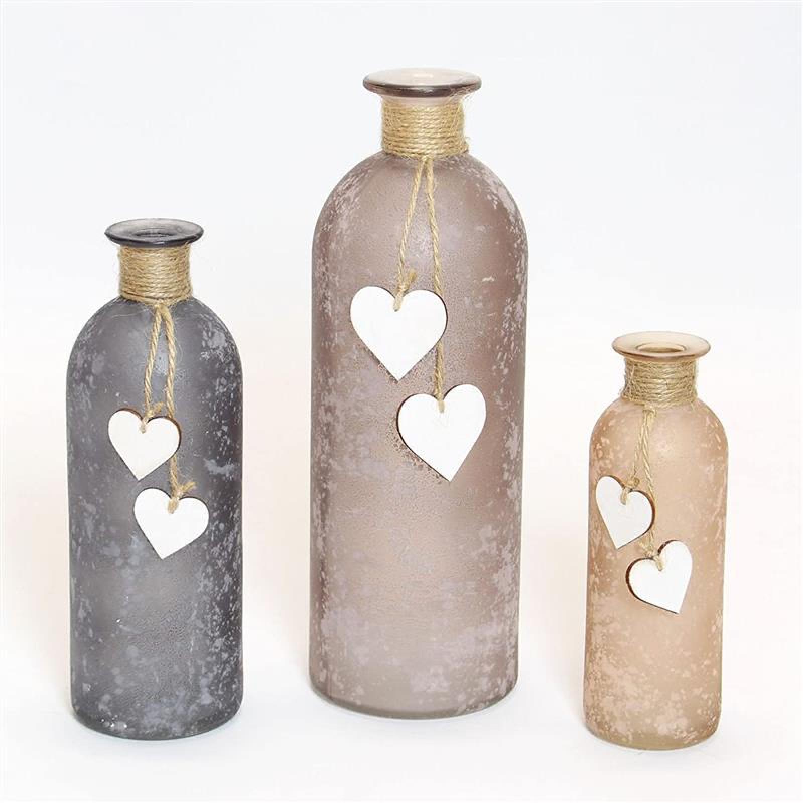 3x Vasen "Flasche" aus satiniertem Glas mit Herzen aus Holz, Blumenvase, Flaschenvase, Dekoflasche, Vasenset