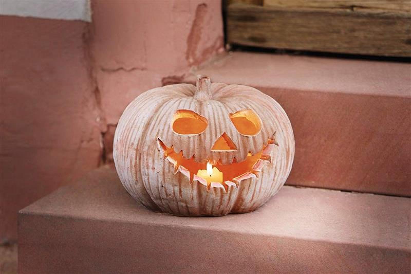 Windlicht "Kürbis" aus Terracotta, Ø 29 cm, Halloweendeko, Dekokürbis, Herbstdeko, Kerzenhalter