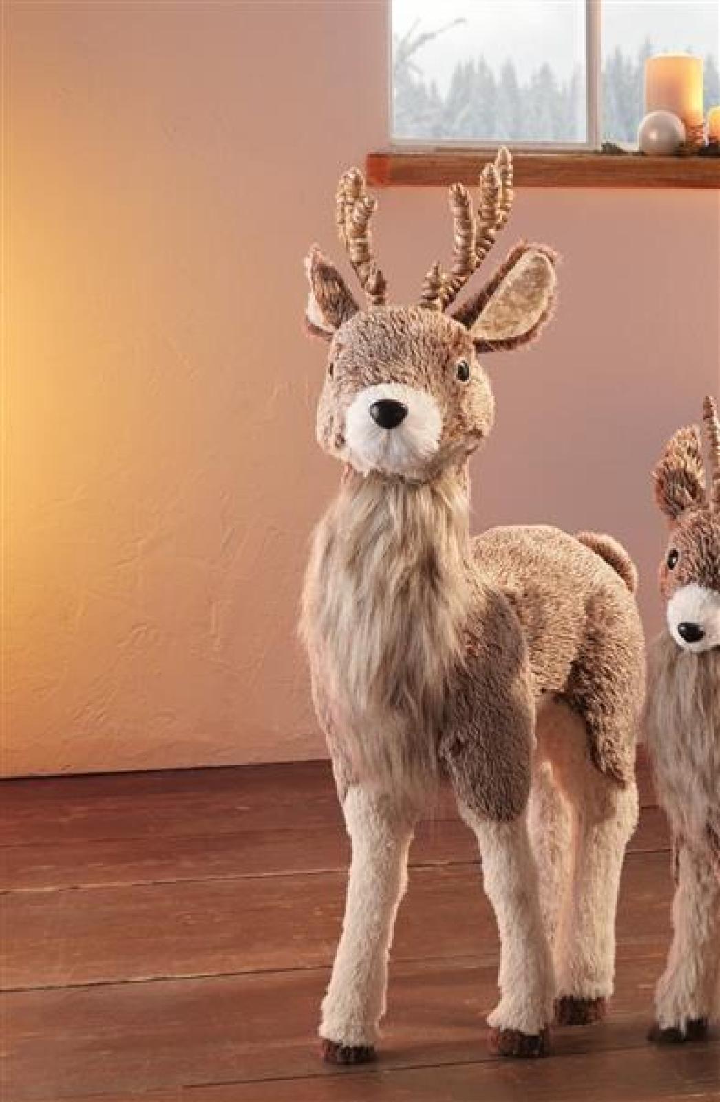 große Dekofigur "Rentier" mit Fell, 69 cm hoch, Weihnachtsdeko stehend, Tierfigur