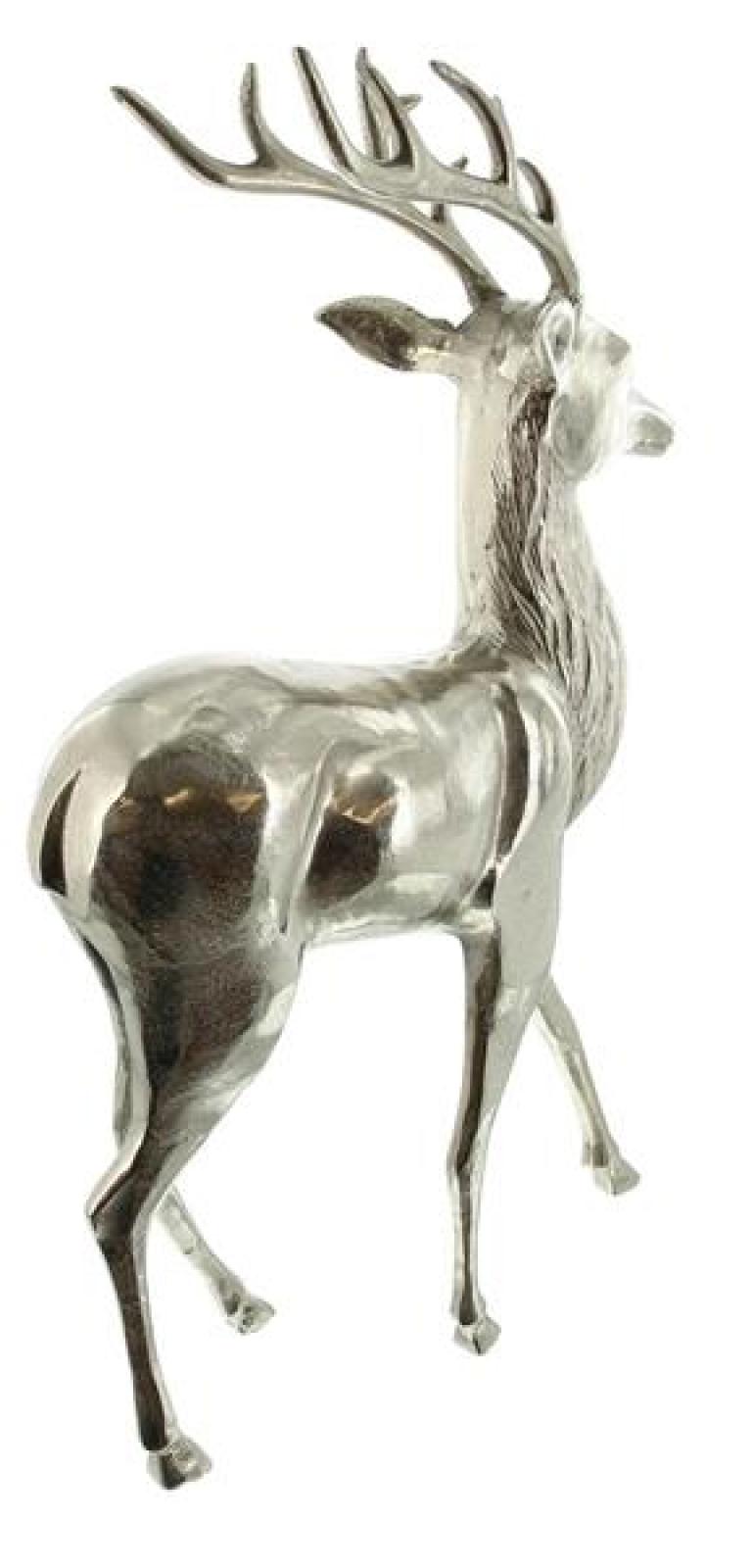 große Figur "Hirsch" aus Aluminium, silber glänzend, edle Skulptur, 65 cm hoch, Tierfigur stehend, Wohnzimmer Deko