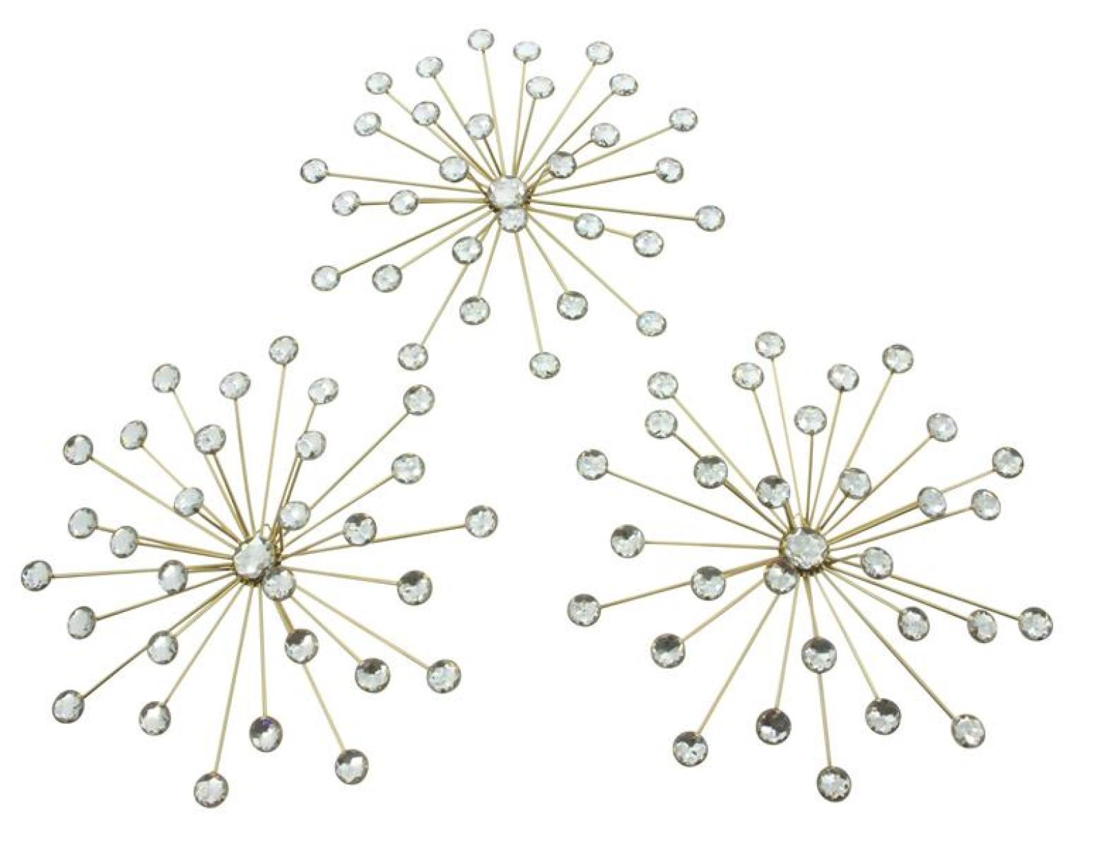 3x 3D Wanddeko "Kristall-Blüte" aus Metall & Glassteinen, gold, Wandschmuck, Wandbild