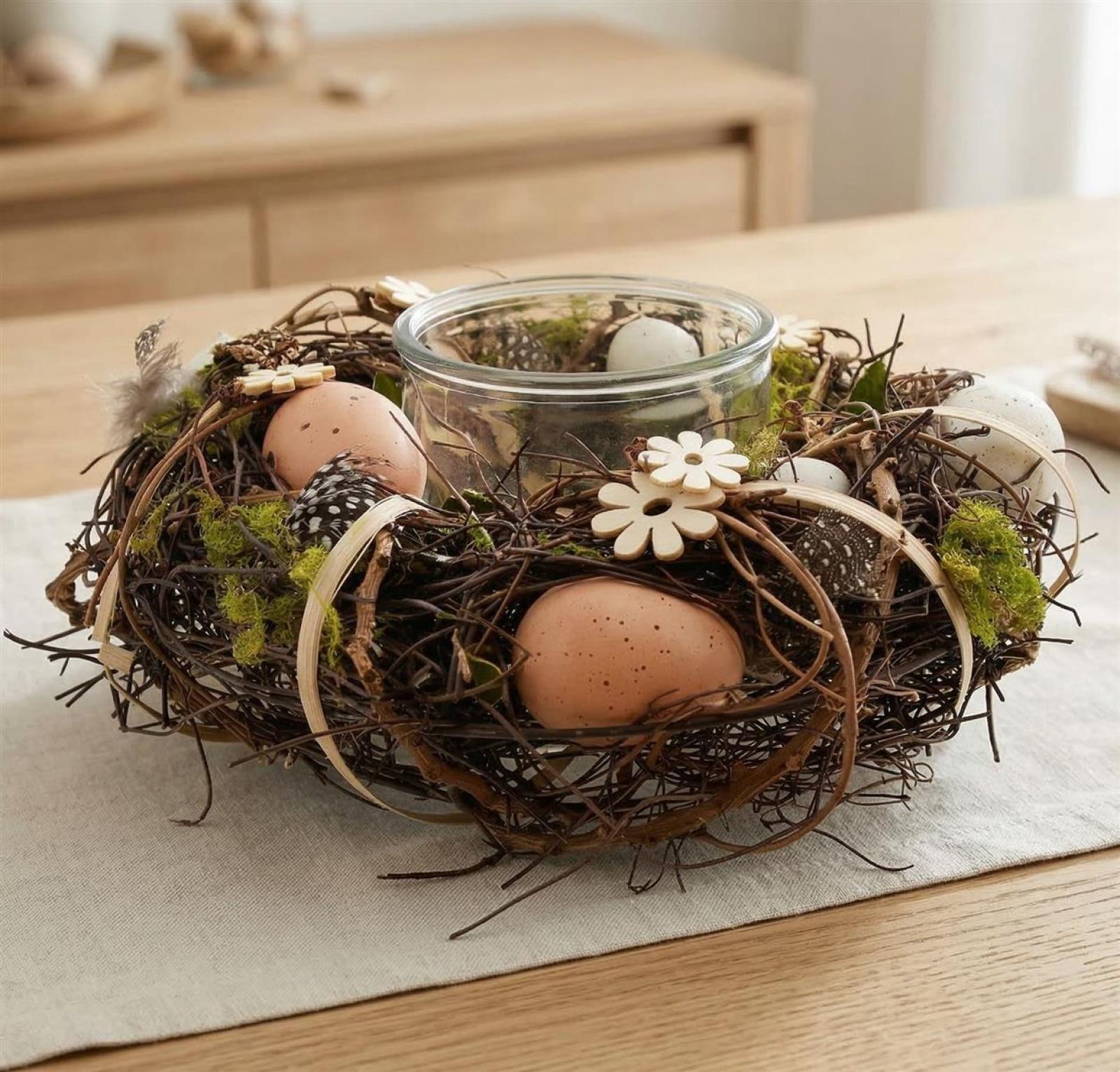 Windlichtkranz "Ostern" aus Reisg mit Moos, Holzblumen & Eier, Osterkranz, Tischkranz