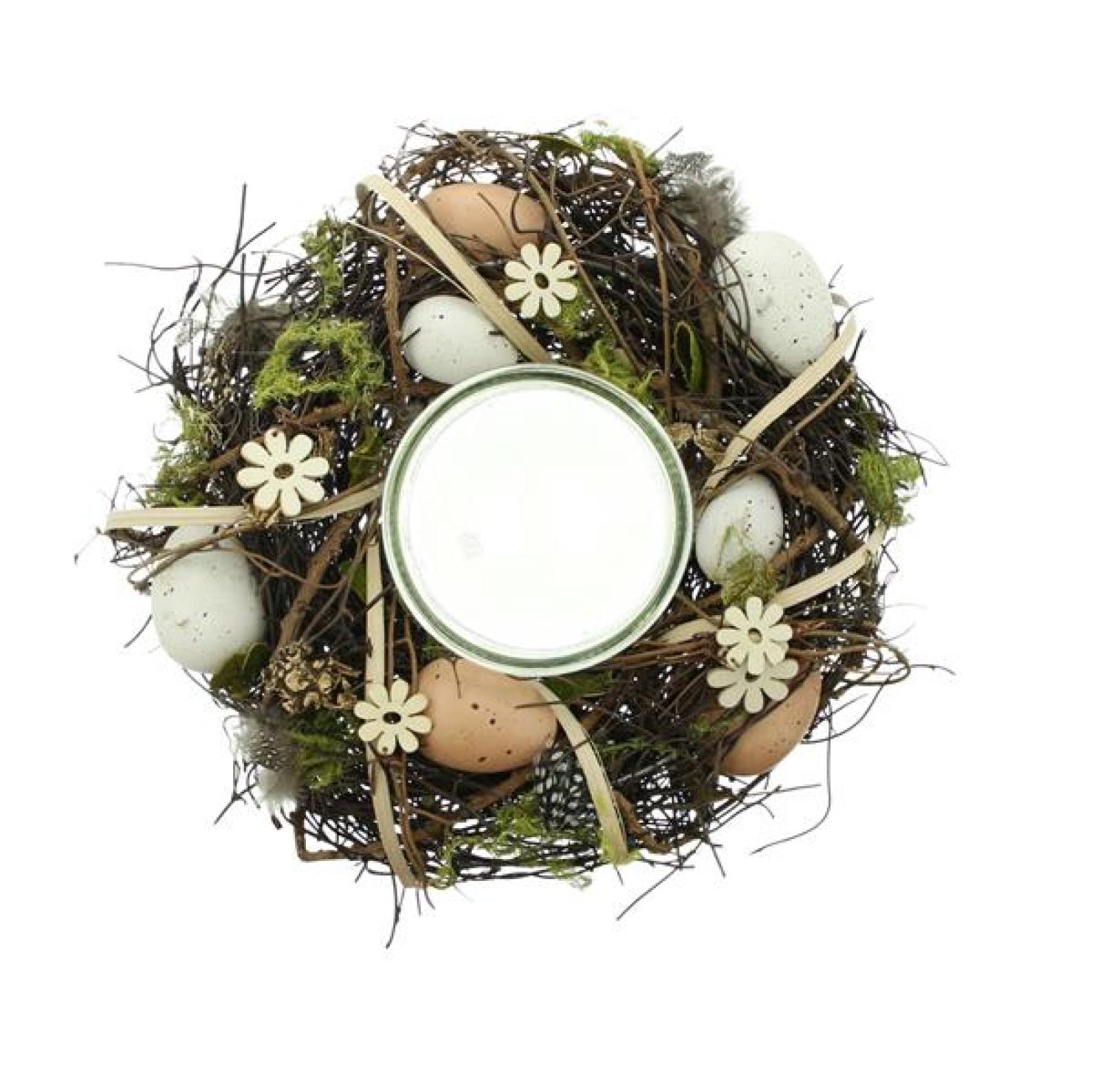 Windlichtkranz "Ostern" aus Reisg mit Moos, Holzblumen & Eier, Osterkranz, Tischkranz