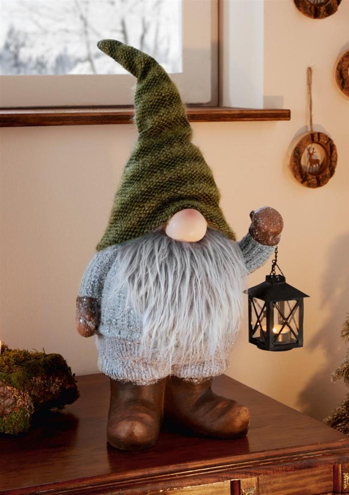 großer Wichtel 56 cm hoch, Dekofigur aus Textil und Kunstfell mit Laterne, Winterdeko