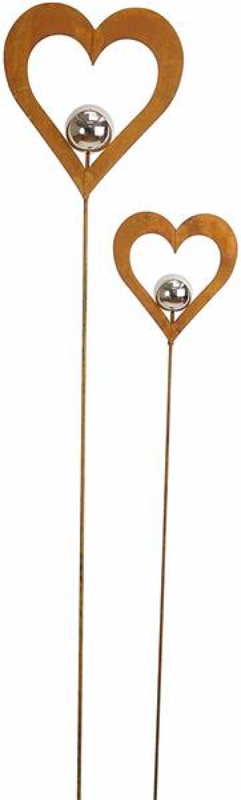 2x Gartenstecker "Herz" aus Metall in Rost Optik, mit Silberkugel, 96 + 120 cm hoch, Dekostecker, Roststecker, Gartendeko für Draußen