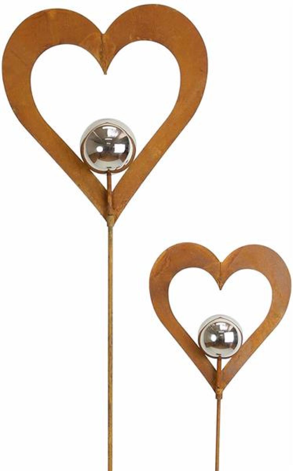 2x Gartenstecker "Herz" aus Metall in Rost Optik, mit Silberkugel, 96 + 120 cm hoch, Dekostecker, Roststecker, Gartendeko für Draußen