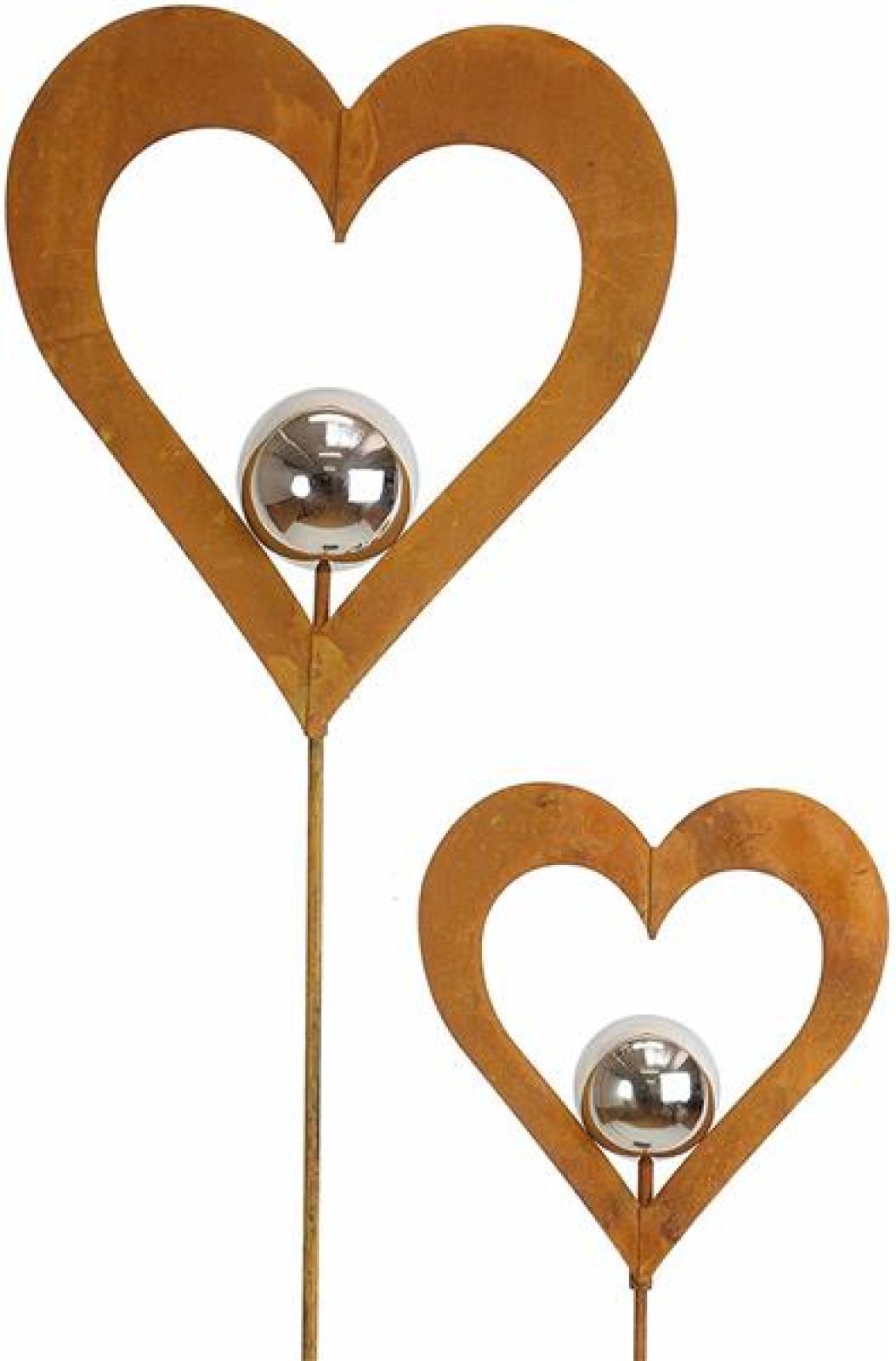 2x Gartenstecker "Herz" aus Metall in Rost Optik, mit Silberkugel, 96 + 120 cm hoch, Dekostecker, Roststecker, Gartendeko für Draußen