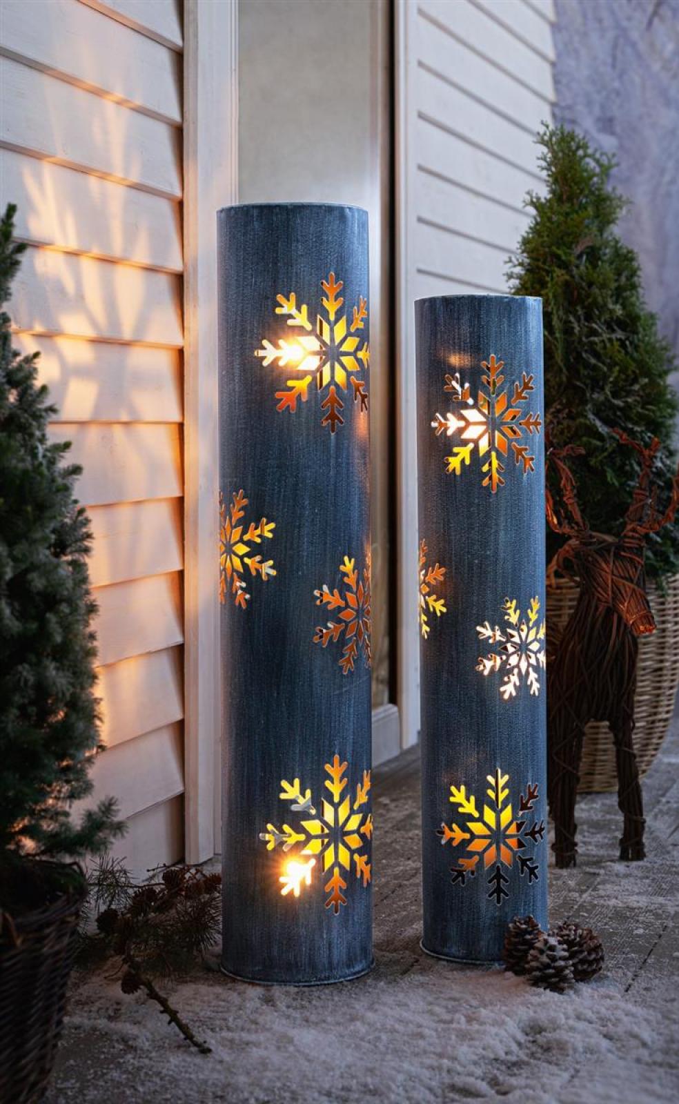 2x Windlichtsäule "Schneeflocke" aus Metall, 88 + 100 cm  hoch, Kerzenhalter, Bodenwindlicht, Dekosäule mit Kerzenglas, Metallsäule, Kerzensäule