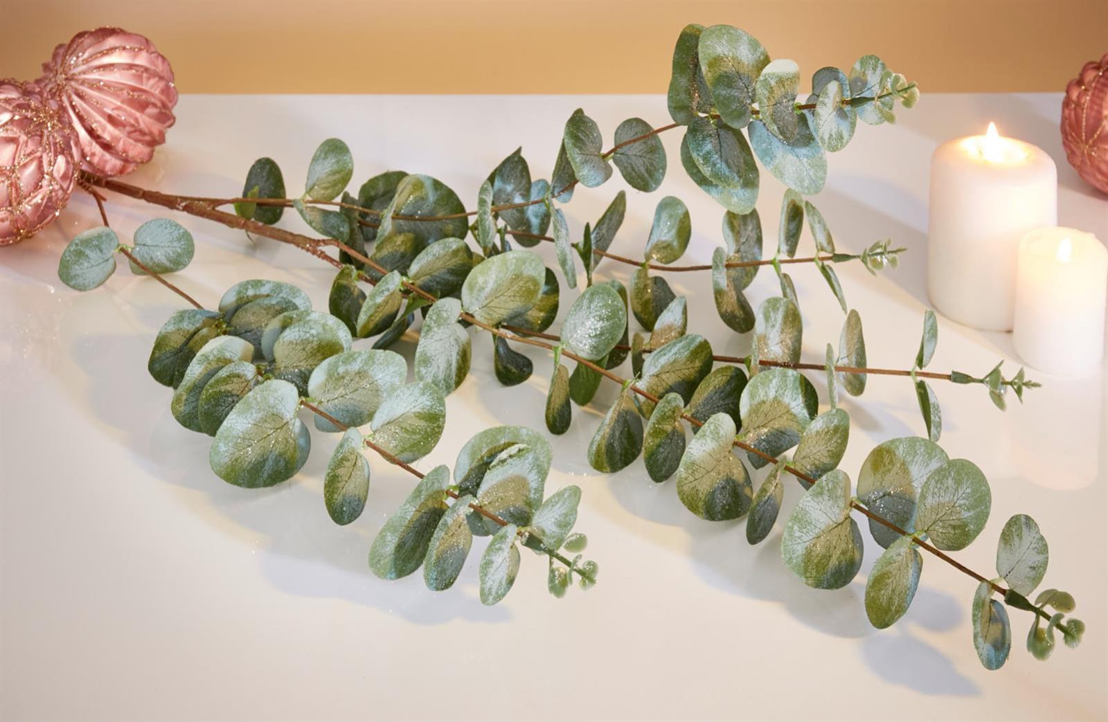 Deko-Zweig "Eukalyptus", 2er Set Ast mit Blättern, Kunst-Pflanze mit Glitzer