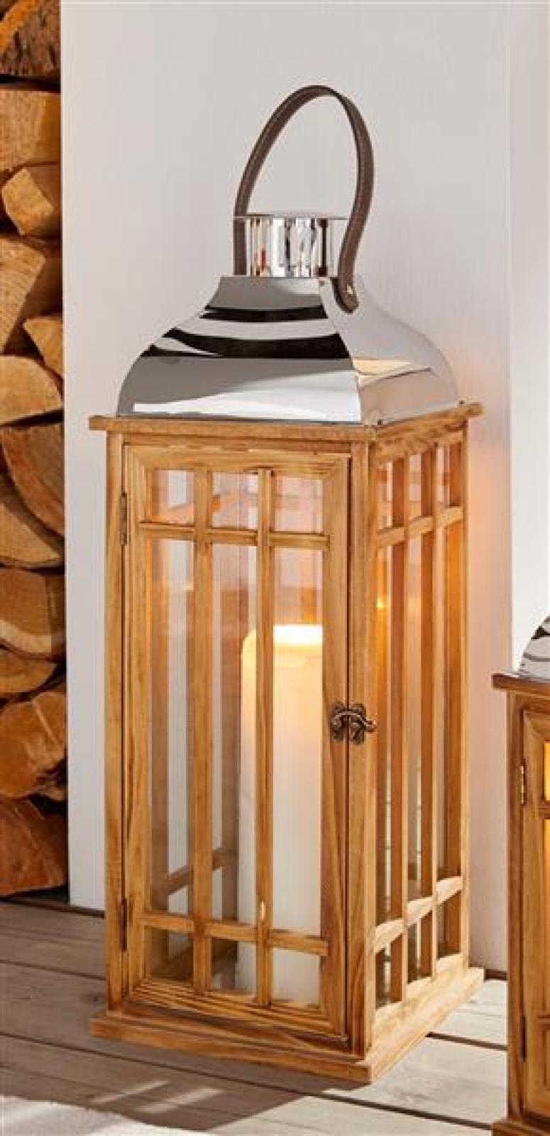 Laterne 'Wood', 60 cm groß, Windlicht aus Holz mit Glas, Henkel und Metalldach