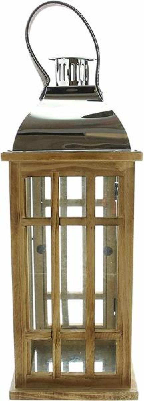 Laterne "Wood" aus Holz & Glas, 40 cm hoch, Holzlaterne mit Henkel & Metalldach, Windicht, Bodenlaterne, Kerzenlaterne