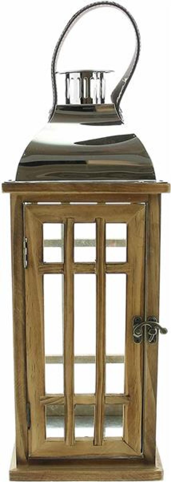 Laterne "Wood" aus Holz & Glas, 40 cm hoch, Holzlaterne mit Henkel & Metalldach, Windicht, Bodenlaterne, Kerzenlaterne