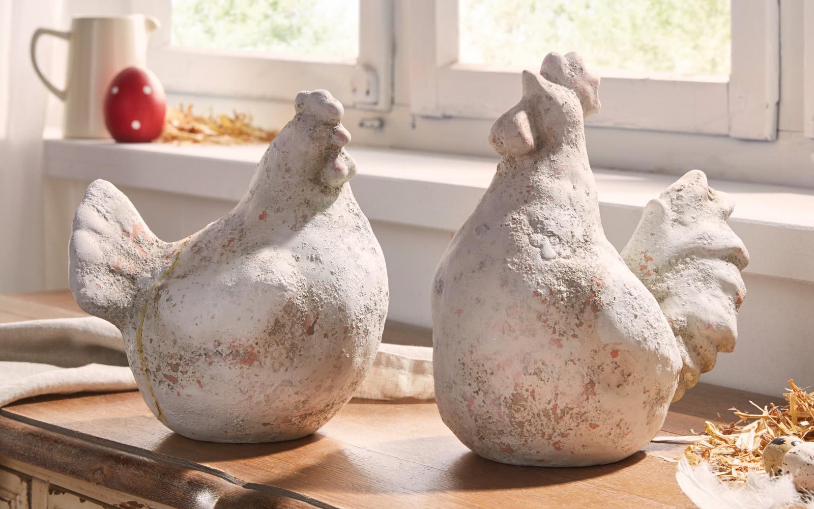 Deko-Figur "Huhn & Hahn", 2er Set, Figurenset aus Terracotta im Shabby-Look