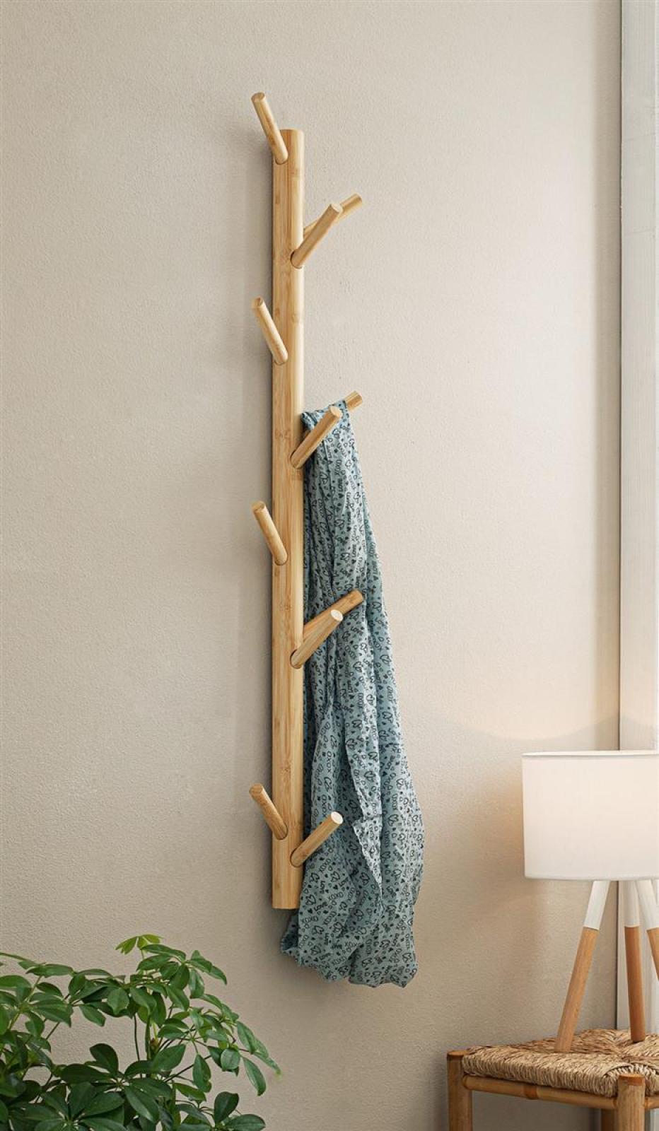 Garderobe "Bambus" mit 11 Haken, braun, 100 cm hoch, aus Holz im Scandi-Style