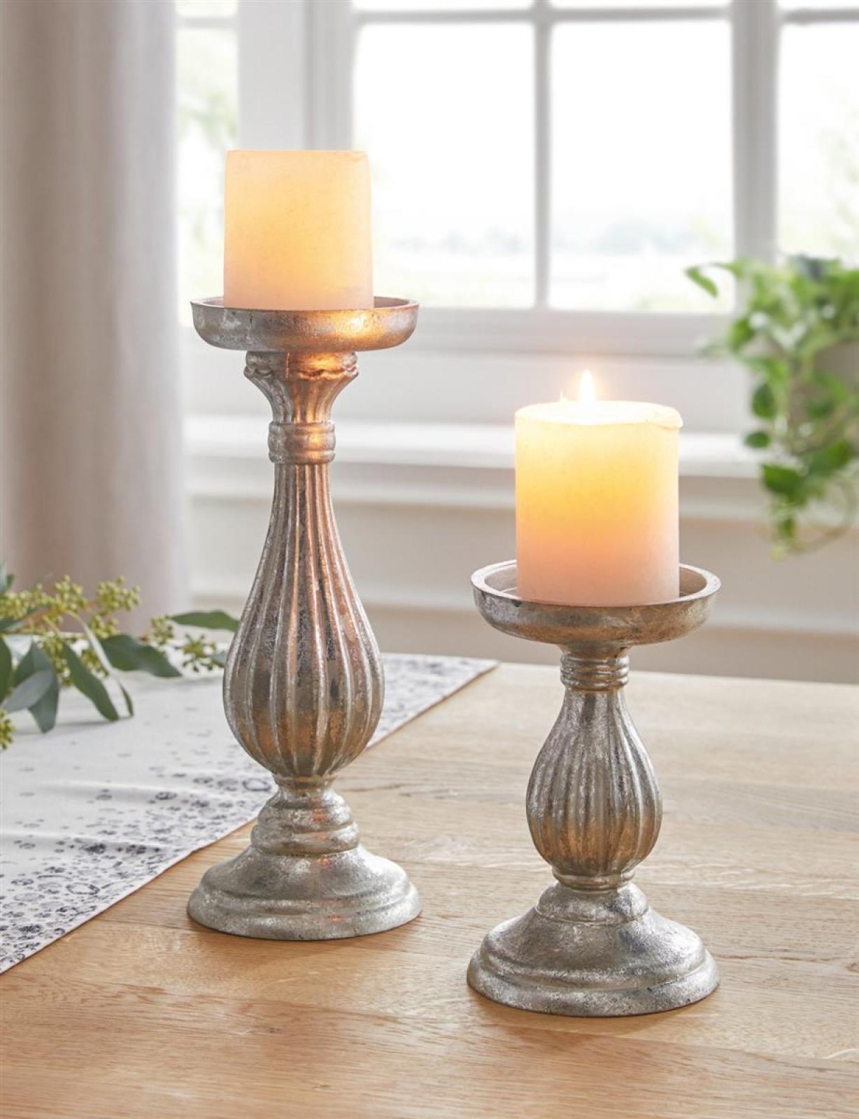 2x Kerzenhalter "Eleganz" aus Holz in silber mit Antik Design in gold, Kerzenständer für Stumpenkerzen