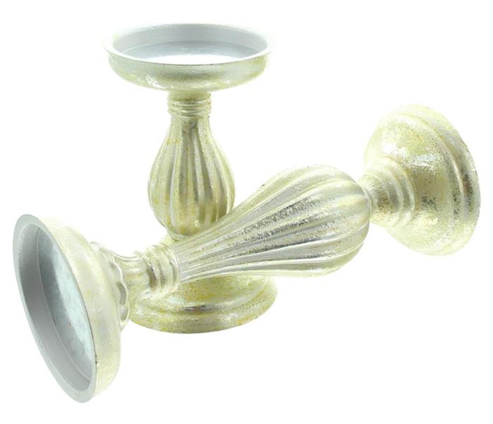 2x Kerzenhalter "Eleganz" aus Holz in silber mit Antik Design in gold, Kerzenständer für Stumpenkerzen