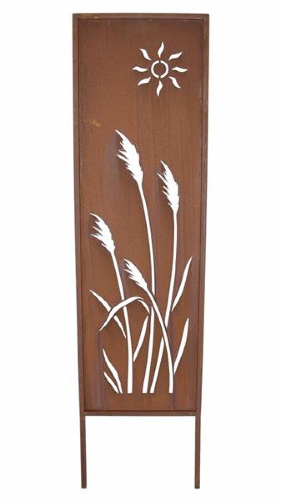 Dekoschild mit "Schilf"-Ausstanzungen, 117 cm hoch aus Metall in Rost Optik, Gartenpaneel, Gartenstecker, Gartendeko für Draußen