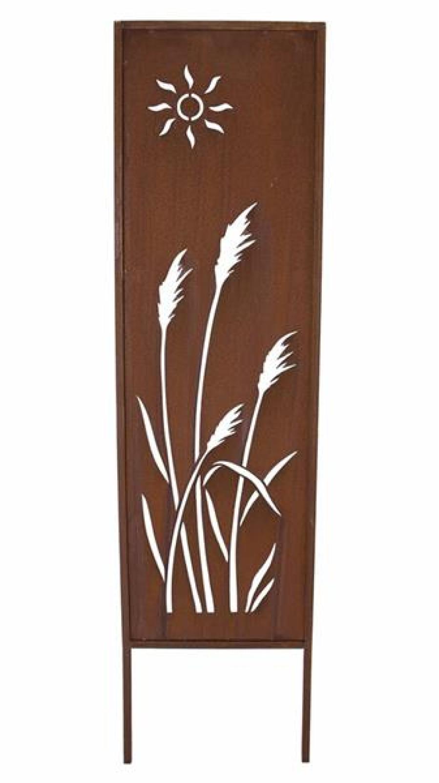 Dekoschild mit "Schilf"-Ausstanzungen, 117 cm hoch aus Metall in Rost Optik, Gartenpaneel, Gartenstecker, Gartendeko für Draußen