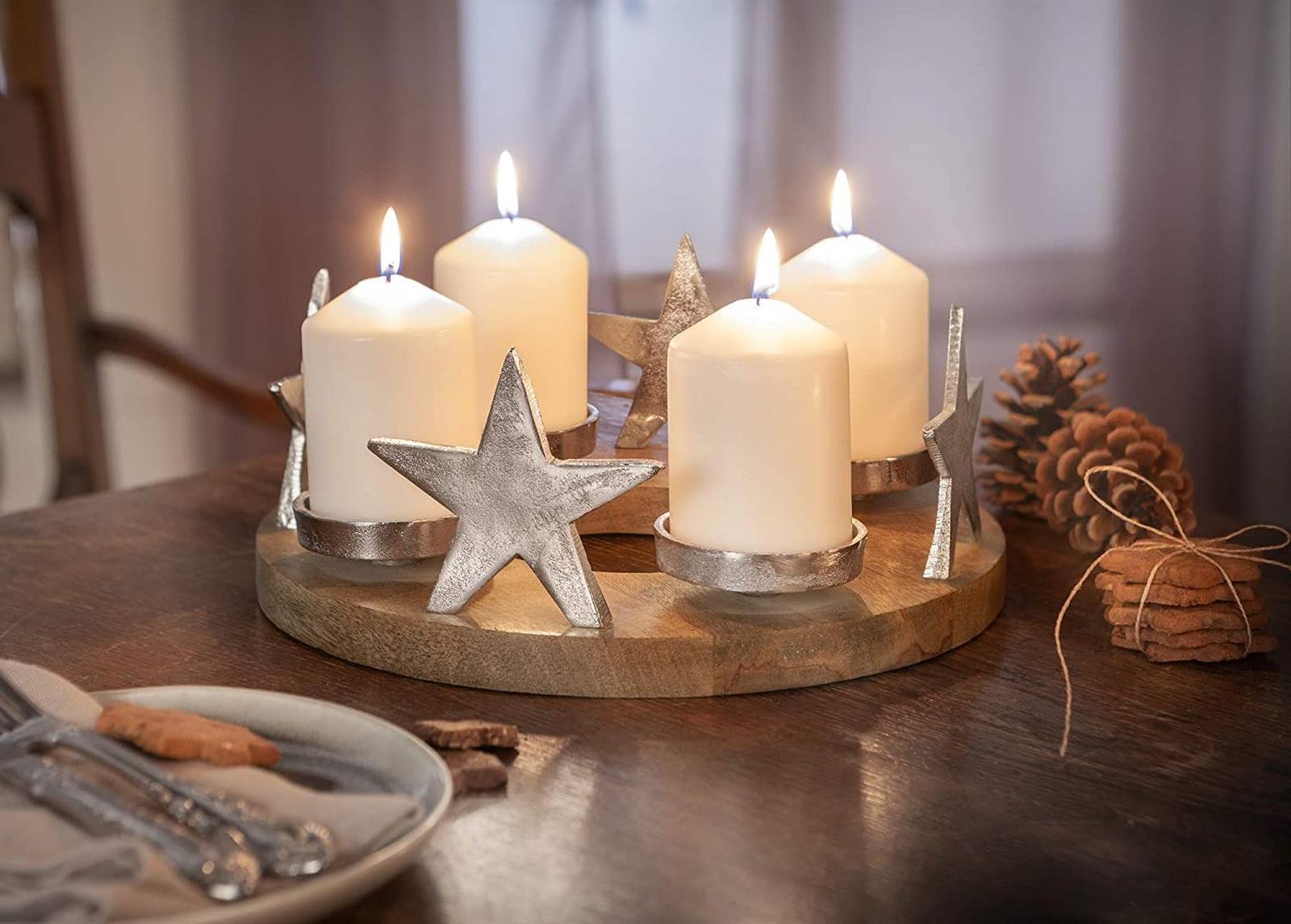 Adventskranz "Silbersterne" aus Mangoholz & Alu, Tischkranz mit 4 Kerzenhaltern