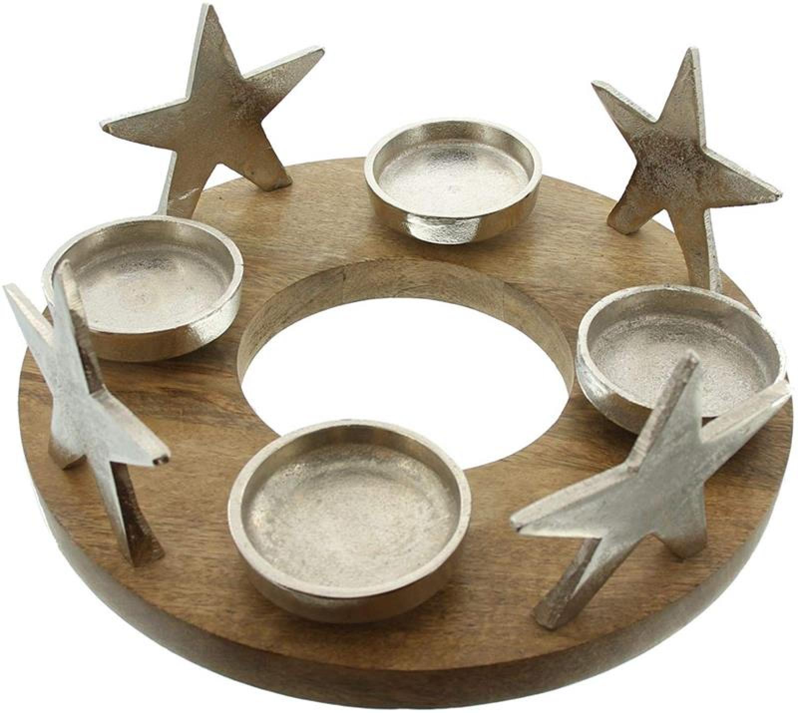 Adventskranz "Silbersterne" aus Mangoholz & Alu, Tischkranz mit 4 Kerzenhaltern