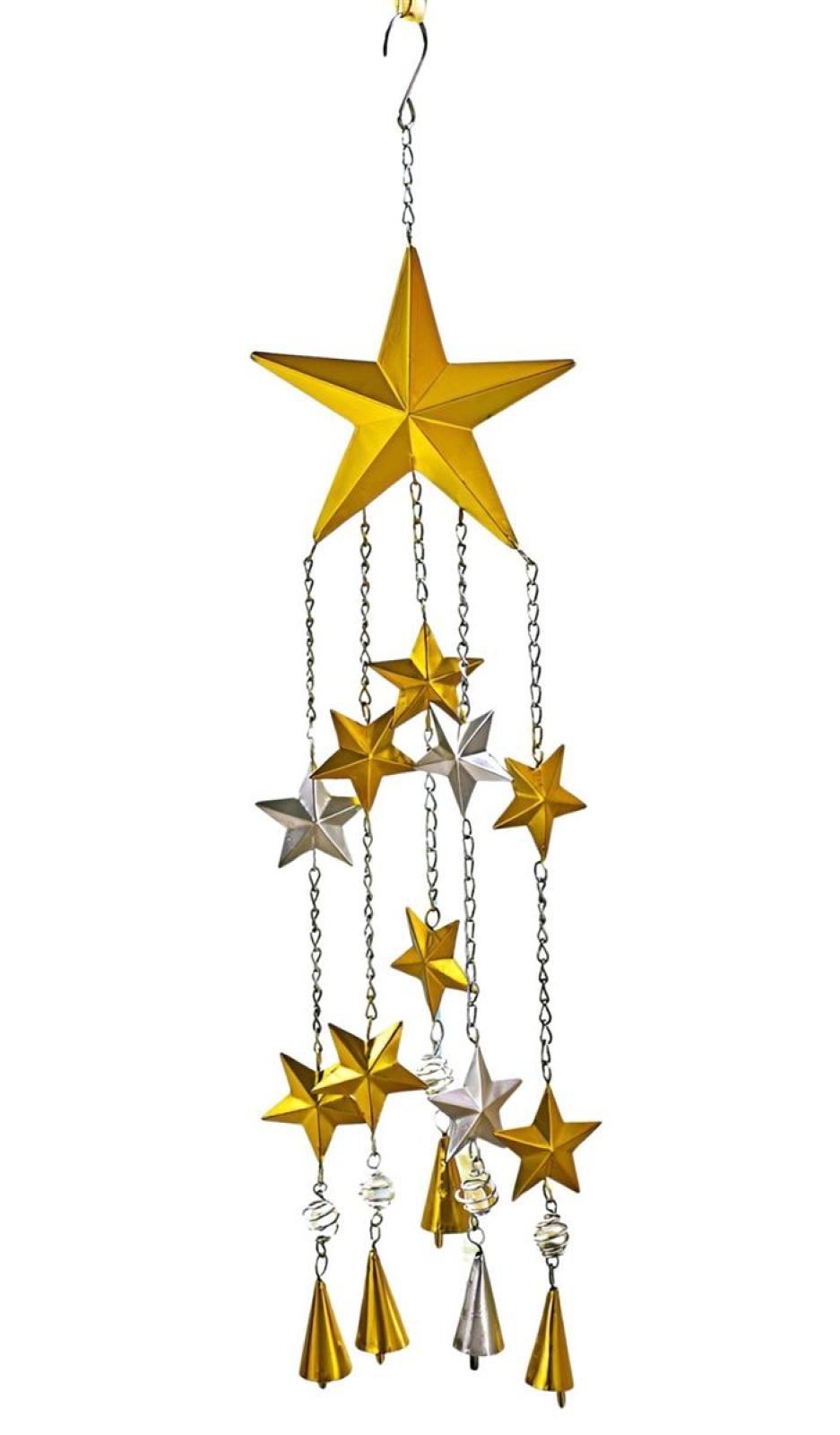 Windspiel "Sterne" aus Metall, silber / gold, 58 cm hoch, Glockenspiel, Klangspiel, Dekohänger
