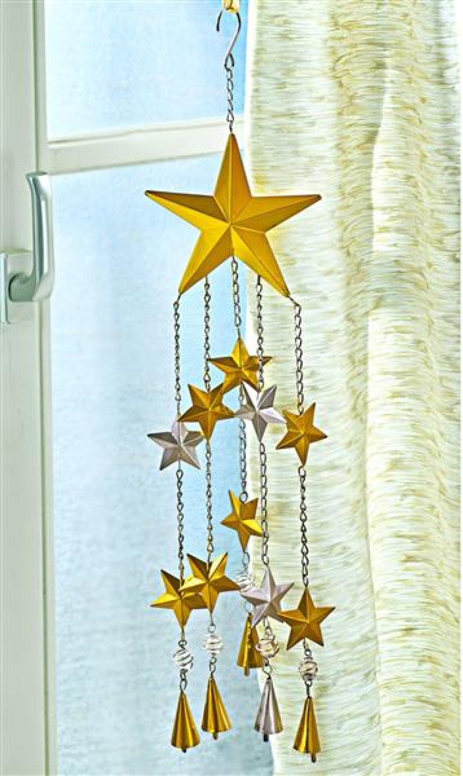 Windspiel "Sterne" aus Metall, silber / gold, 58 cm hoch, Glockenspiel, Klangspiel, Dekohänger