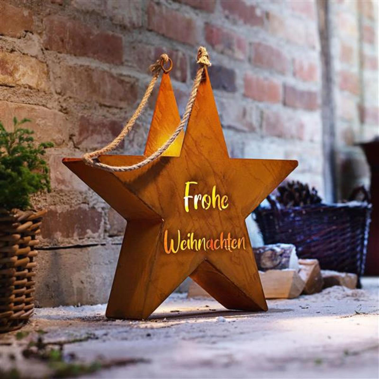 Outdoor Kerzenhalter "Stern" mit Schriftzug "Frohe Weihnachten" aus Metall mit Rost Finish, 45 cm hoch, Kerzenständer, Weihnachtsdeko, Gartendeko