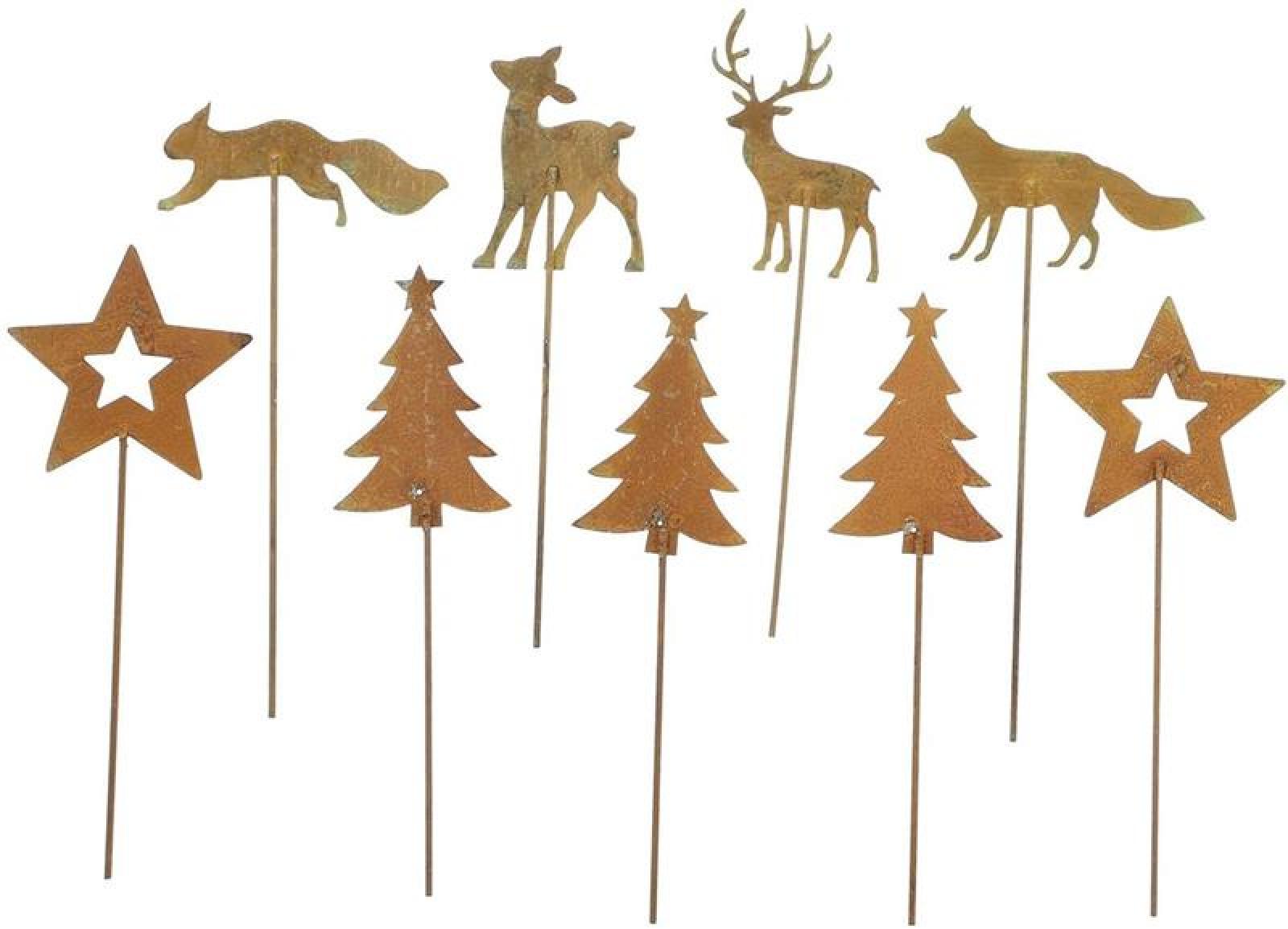 9 Dekostecker "Winterwald" aus Metall in Rost Optik, Stecker für Adventskranz, Gesteck & Blumentopf, Blumenstecker, Metallstecker