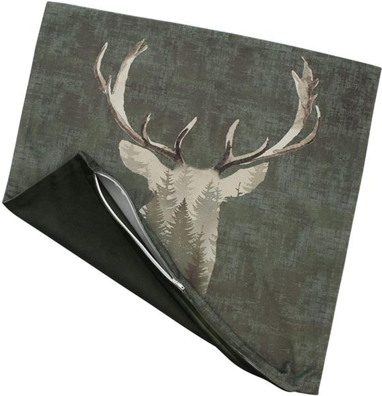 Kissenhülle "Waldhirsch", 45x45 cm, grün in Samt Optik, Kissenbezug mit Hirsch Motiv, Zierkissenbezug