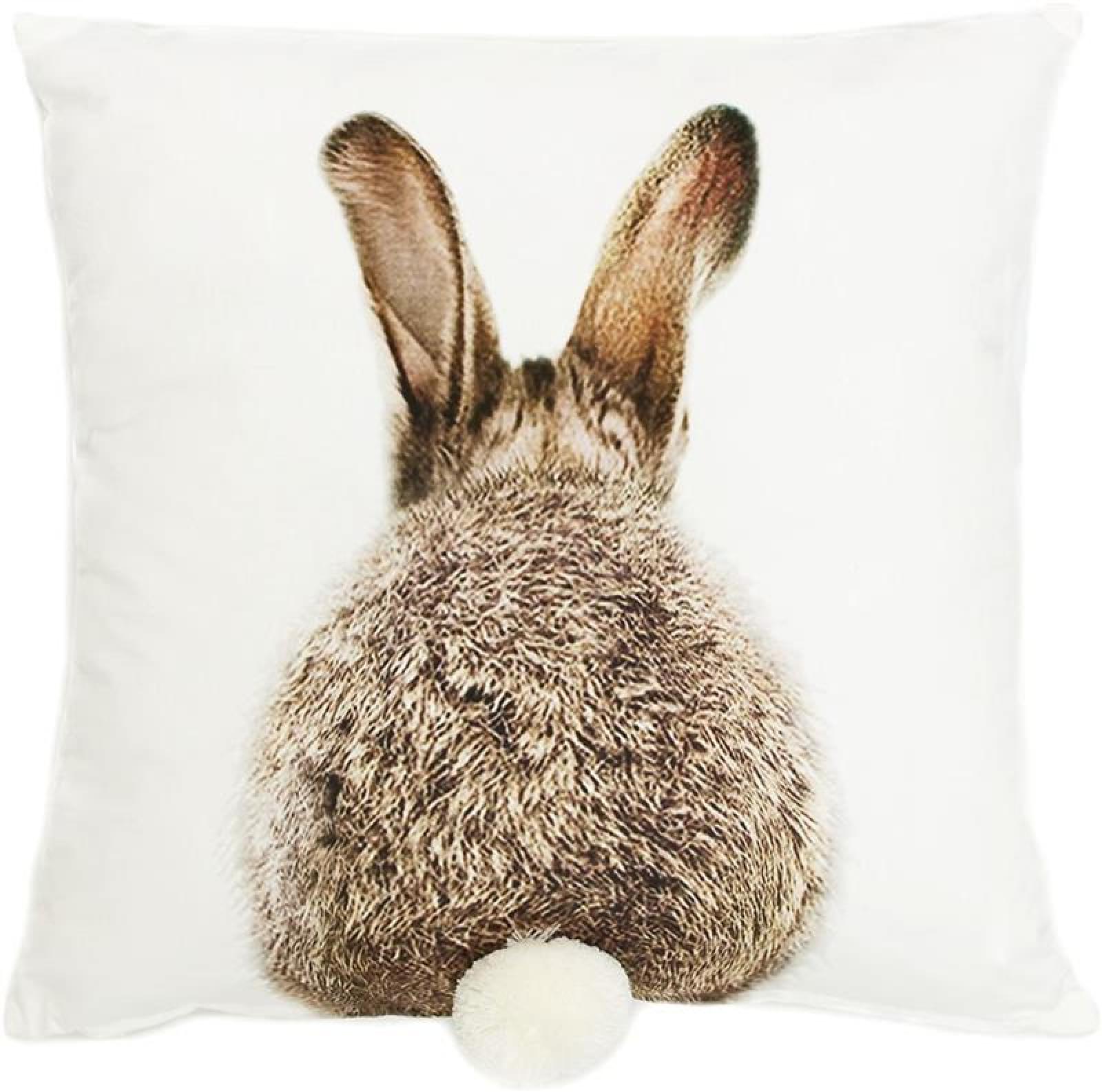 Kissenhülle in weiß mit Hasenmotiv und angenähntem Pompom-Schwänzchen