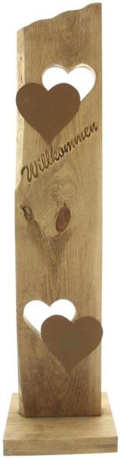 Dekosäule "Willkommen" aus Holz, 80 cm hoch, 2 Metall-Herzen in Rost Optik, Holzsäule