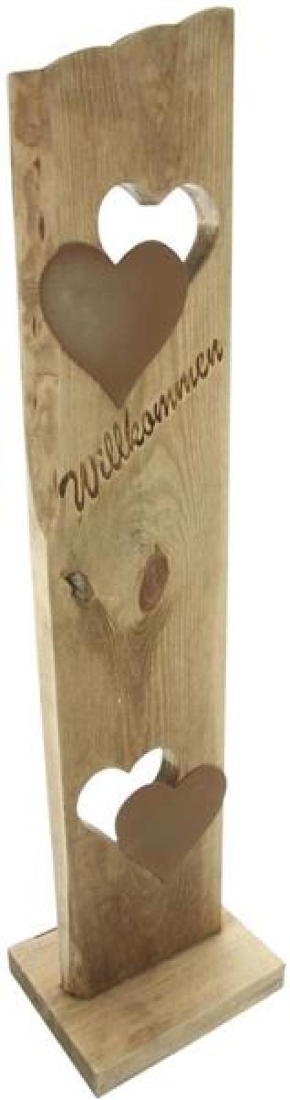 Dekosäule "Willkommen" aus Holz, 80 cm hoch, 2 Metall-Herzen in Rost Optik, Holzsäule